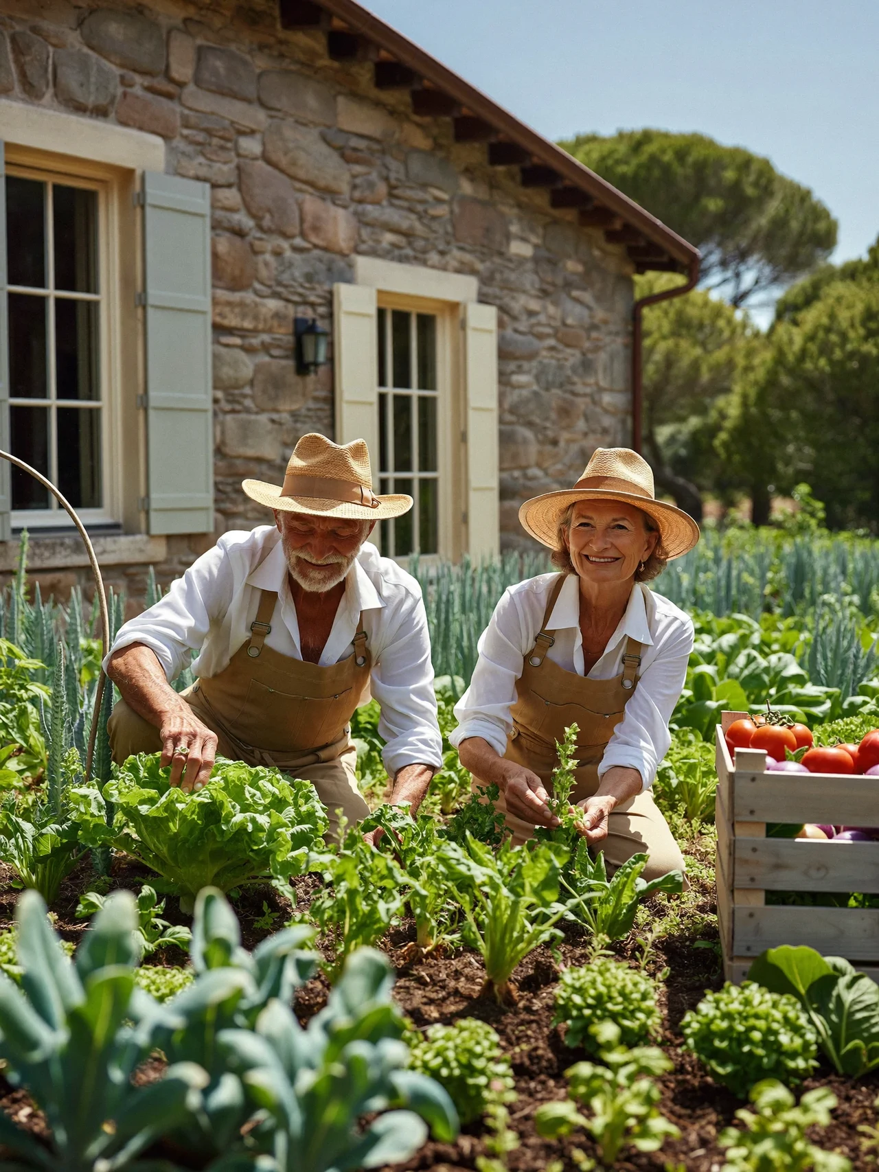 Due giardinieri anziani con cappello di paglia curano l'orto accanto a una casetta di pietra
