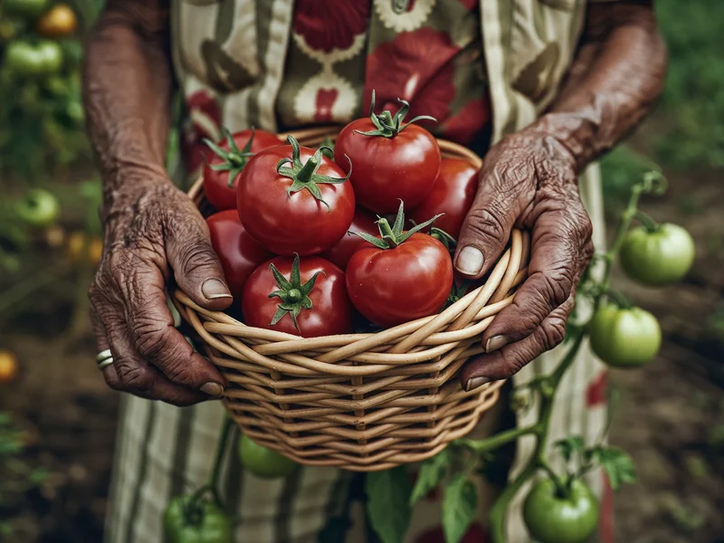 Mani di una persona anziana raccolgono pomodori maturi in un cesto di vimini
