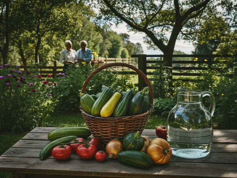 Tavolo rustico all'aperto con cesto di zucchine, pomodori e cipolle e una caraffa d'acqua